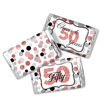 Imagem de Confetti Rose Gold Polka Dot 50th Birthday Party Mini Chocolate Candy Bar Sticker Wrappers, 45 1.4" x 2.6" Wrap Around Labels by Amanda Creation, Great for Party Favors