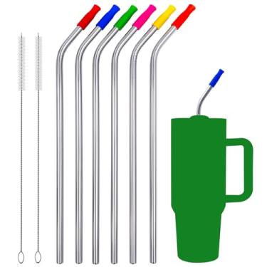 Imagem de Wobye 6 Pack 13 Inch Extra Long Reusable Bent Stainless Steel Metal Straws with Cleaning Brush & Silicone Tips Fit for Stanley Quencher 40oz Tumbler, Simple Modern 32 40oz Tumbler, 64oz Water Bottle