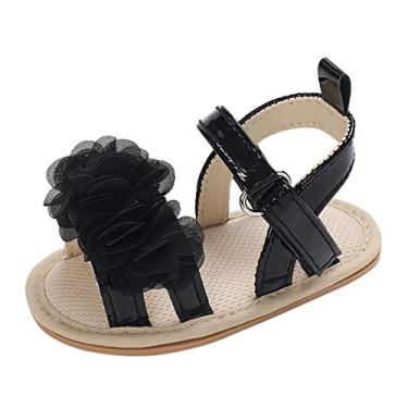 Imagem de Sandálias deslizantes para meninas com flores para o verão primeiro verão sapatos meninas sandálias laço sapatos de caminhada para meninas pequenas, Preto, One Size Big Kid