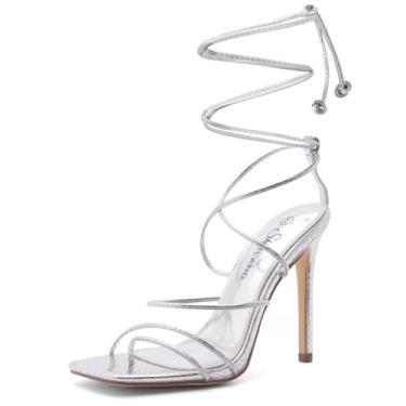 Imagem de Shoe Land Sandálias femininas SL-Finely com cadarço e salto fino com tiras quadradas, bico aberto, salto agulha para festas, casamentos, formaturas, Prata, 37