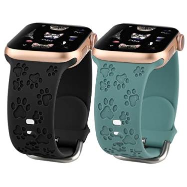 Imagem de Pacote com 2 bandas esportivas de design gravado com pata de cachorro compatíveis com pulseiras iWatch Apple Watch 40 mm 38 mm 41 mm, pulseira de silicone macia a laser para iWatch Series 7-1 e SE (preto+verde pinho)