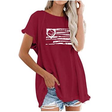 Imagem de Duobla Camiseta feminina com estampa de beisebol com letras plus size de beisebol tamanho grande de verão camiseta casual de manga curta, A-5-vinho, M