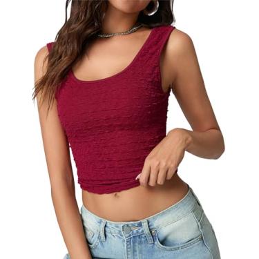 Imagem de Tankaneo Camiseta regata feminina gola quadrada verão texturizada, caimento justo, sem mangas, Vinho tinto, XXG