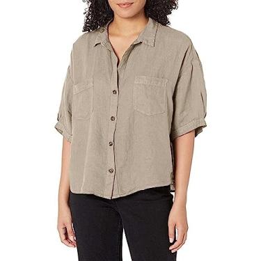 Imagem de Blusa feminina de algodão com botões, casual, manga curta, caimento solto, gola de linho, com bolso, Caqui, G