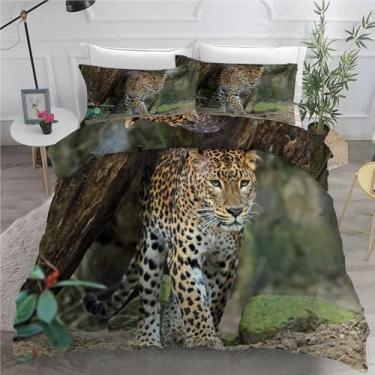 Imagem de Jogo de cama com capa de edredom de leopardo e dinheiro Queen Animal 3 peças de microfibra macia texturizada 228,6 cm x 228,6 cm e 2 fronhas, com fecho de zíper e laços