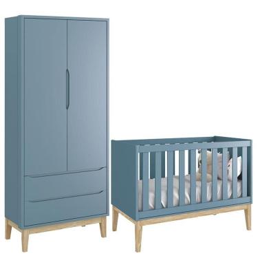 Imagem de Berço Americano e Guarda Roupa Classic 2 Portas Azul com Pés Madeira Natural – Reller