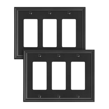 Imagem de TREEWELL Pacote com 2 placas decorativas triplas, placas de interruptor decorativas pretas e tampas de tomada, placas de parede de fibra de bambu natural para tomadas elétricas, receptáculo, tomada