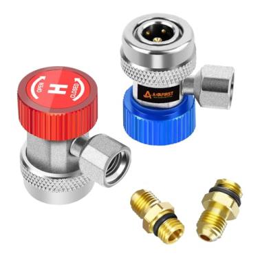 Imagem de ADAFIRST Adaptadores de acoplador rápido ajustáveis AC R134A funcionam como acessórios de manifold de ar condicionado automático, conectores automotivos de porta de serviço lateral baixa e alta HVAC conectam a mangueira de carregamento Freon do carro