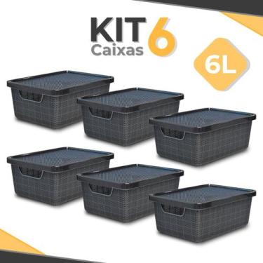 Imagem de Kit 6 Caixa Organizadora 6 Litros Jutta Preta C/ Tampa Cesto Organizad