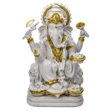 Imagem de Escultura Ganesha Prosperidade 15 cm Branco e Dour em Resina - Lua Mís