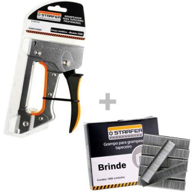 Imagem de Kit Grampeador Tapeceiro Profissional Metálico Cromado + 1000 Grampos 