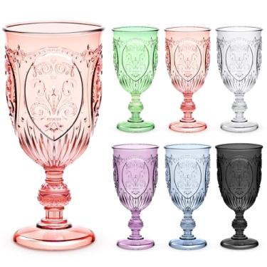 Imagem de 6 peças de taças de água coloridas vintage taças de vinho de plástico de 212 g Taças de água retrô em relevo para bar de vinhos, suco, chá de bebê, recepção de casamento, festa de grande evento