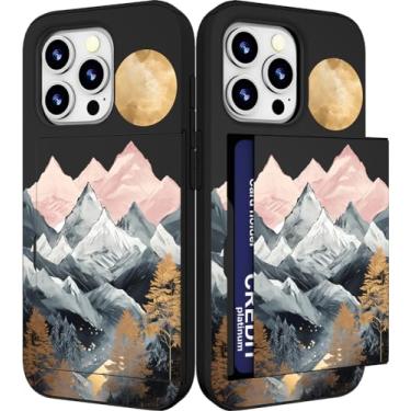 Imagem de IWONE Capa compatível com iPhone 15 Promax fofa com porta-cartões Slim Slot Phone 15 Pro Max Capa carteira para mulheres/Colina Sol Neve Montanhas Árvores Natureza Paisagem Natural