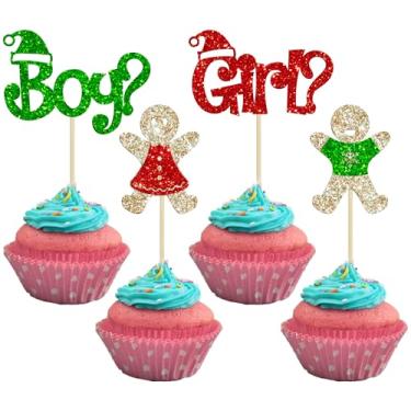 Imagem de 24 peças de topos de cupcake para homem de gengibre de Natal com glitter para homem, menino ou menina, palhetas de cupcake para chá de bebê feliz Natal revelação de gênero para decoração de bolo de