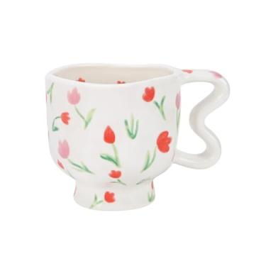 Imagem de Koythin Caneca de café de cerâmica, Novetly Flower Latte Cup com alça em forma de coração para escritório e casa, copos fofos de café da manhã 250 ml para chá com leite latte (flores de tulipa