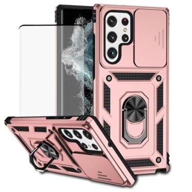 Imagem de Vokuha Capa para Galaxy S22 Ultra, Samsung S22 Ultra SM-S908U com protetor de tela de vidro temperado e capa deslizante para câmera, capa magnética com suporte de anel de 360° para Samsung Galaxy S22