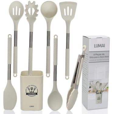 Imagem de LUMAI Kit 8 Utensílios de Cozinha Grandes em Silicone e Aço Inox, Resistentes ao Calor, Antiderrapantes e Antirriscos, Acessórios de Cozinha Espátula, Colher, Pegador de Massa, Concha e Mais – Bege