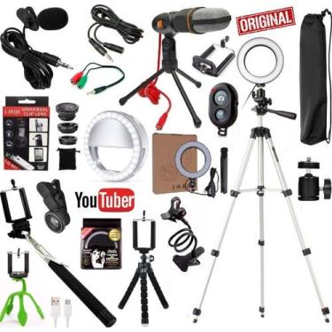 Imagem de Kit Youtuber Microfone Lapela + Tripé Iluminador Ring Light Luz Flash 