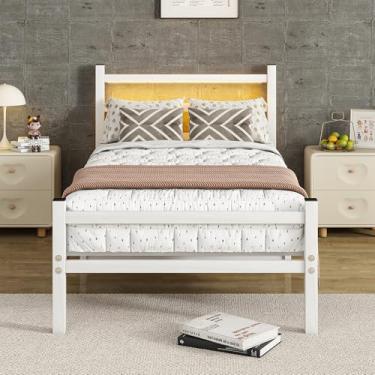 Imagem de Maliacife Estrutura de cama de solteiro com cabeceira e estribo, estrutura de cama de metal com suporte de ripas de aço resistente com estação de carregamento e luzes LED, sem necessidade de mola box,