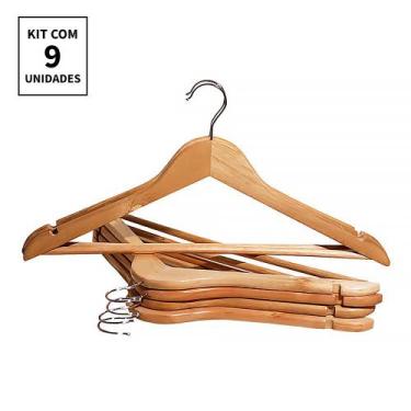 Imagem de Kit 9x Cabides De Madeira Verniz Marfim Adulto Roupa - Wincy
