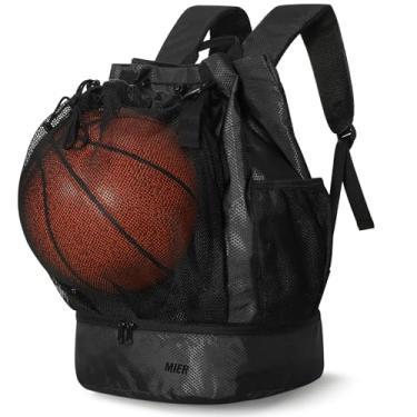 Imagem de MIER Mochila de basquete com cordão, bolsa de futebol com compartimento para sapatos e bolso de malha, mochila esportiva de ginástica para mulheres e homens, preto leve