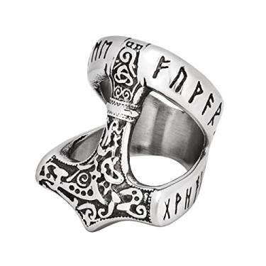 Imagem de Gungneer Anel de martelo Viking Mjolnir Thor, aço inoxidável, joias de proteção com letras runas nórdicas para homens e mulheres, Aço inoxidável