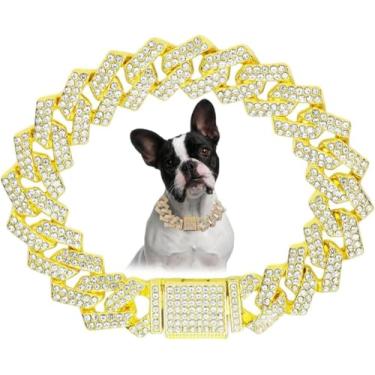 Imagem de Pimaodog Coleira de corrente para cães pequenos, colar de diamante, strass, glitter, metal, estrangulador, elos cubanos, coleira de cristal, joia para cães e gatos (ouro, 56 cm)