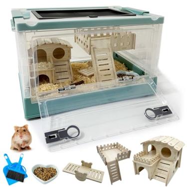 Imagem de Niwaes Kits de gaiolas dobráveis para hamster pacote com 6 gaiolas de rato anão portátil com rodas - Visualização de 360° Plástico Transparente Habitat e Plataforma de Castelo Tigela de Comida para
