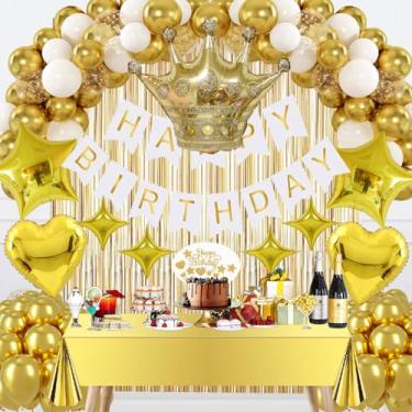 Imagem de JiaYJinX Decorações De Aniversário Douradas - Conjunto De Decorações De Festa Douradas Com Faixa De Aniversário, Balões De Confete Branco Dourado, Cortinas De Franjas De Folha De Ouro, Toalha De Mesa