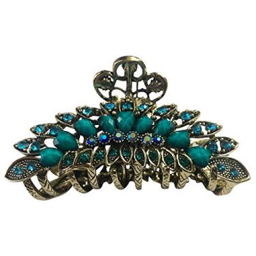 Imagem de Grânulos grandes retrô chiques de metal imitação turquesa joia contas de cabelo garra de mandíbula grampos flores prendedor com dentes updo acessórios para cabelo grosso e mulheres (turquesa)