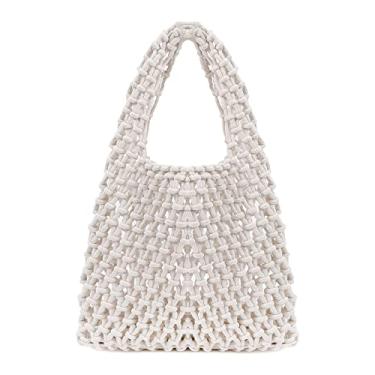 Imagem de Naimo Bolsa de praia de palha grande de tecido de vime, bolsa de ombro com rede de pesca, bolsa de corda de algodão, bolsa Hobo de crochê de verão, Branco, One Size