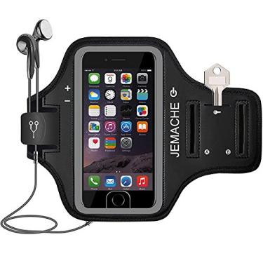 Imagem de Braçadeira para iPhone 6 7 8 SE (2020), Jemache com impressão digital, toque suportado, academia, corrida, treino, braçadeira para iPhone 6/6S/7/8/SE (4,7 polegadas) com suporte para chave (preto)