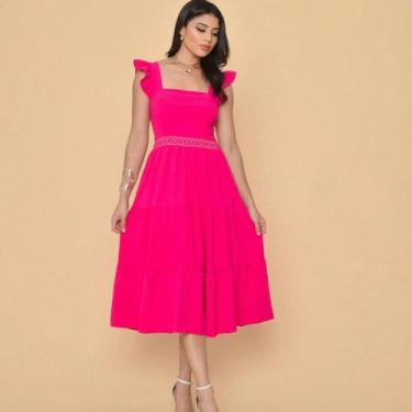 Imagem de Vestido midi luxo duna lisa com babada na manga e renda na cintura 001