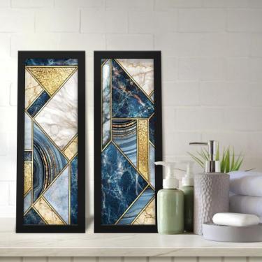 Imagem de Kit 2 Quadros Decorativos Lavabo Abstrato Mármore Azul Dourado - Deliq