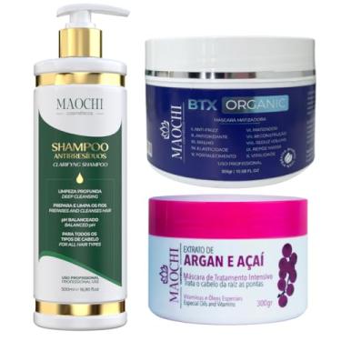 Imagem de Shampoo Antirresíduo Pré Alisamento Profissional + Btx Redutor de Volume Realinhamento Capilar 10em1 Matizador Para Cabelos Loiros + Máscara Hidratação e Reconstrução Argan e Açaí 300g - Maochi