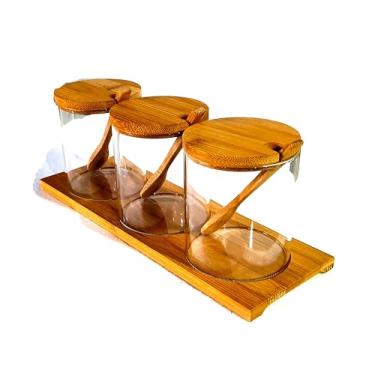 Imagem de Jogo 3 Potes Vidro Porta Temperos C/Tampa Suporte Bambu