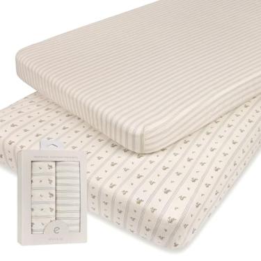 Imagem de Ely's & Co. Jogo de lençol Pack and Play, para berço mini/portátil, pacote com 2 lençóis compatíveis com Graco Pack n Play, para meninos, 100% algodão, 96,5 x 61 x 12,7 cm, folha de baga linear azul