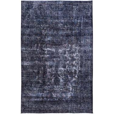 Imagem de Shahbanu Rugs Tapete oriental com nó à mão de lã pura semi antigo azul e preto (1,88 m x 2,5 m)