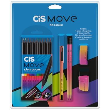 Imagem de Kit Escolar CIS Move 6-1 caneta esferográfica, 2 lápis pretos HB, 1 borracha, 1 apontador, e 1 caixa de lápis de cor 12 cores, Rosa + Amarelo