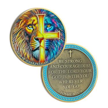 Imagem de Moeda do Desafio Cristão Lombo de Judá, Moeda de Versículos da Bíblia Josué 1:9 - Ficha de Bolso de Oração Cristã de Bronze - Presentes Religiosos para Homens e Mulheres