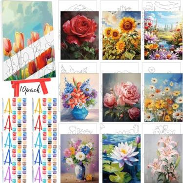Imagem de Blosssound 10 conjuntos de pintura em tela pré-impressa de flores pré-desenhadas com kits de cavalete painéis de tela para iniciantes, projetos de artesanato DIY, lembrancinhas de festa, decoração de