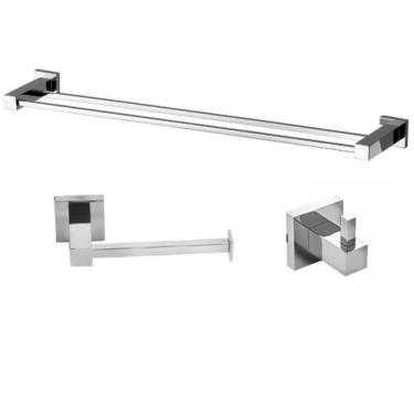 Imagem de Porta Papel Higiênico Reto Moderno Cromado + Cabide Inox Metal + Porta