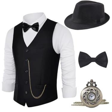Imagem de BABEYOND Conjunto de acessórios de fantasia masculino Gatsby Gangster da década de 1920, chapéu Fedora, Preto, M