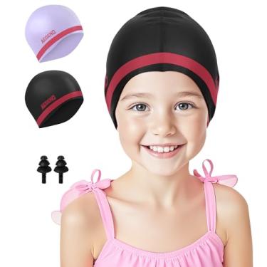 Imagem de Aegend Pacote com 2 toucas de natação infantis para meninas e meninos de 3 a 8 anos, touca de natação impermeável de silicone durável para cabelos longos, preto, rosa e roxo rosa