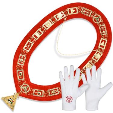 Imagem de Conjunto de colar e luvas de corrente maçônica Royal Arch – Regalia maçônica de veludo vermelho com corrente de metal banhada a ouro e luvas bordadas triplas tau, Branco, Standard