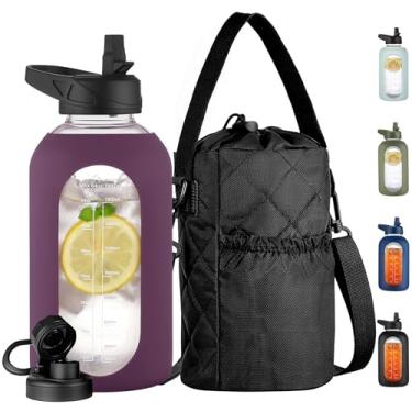 Imagem de CIVAGO Garrafa de água de vidro de 1,8 litro com canudo e suporte de garrafa isolado, jarro de água motivacional de 1,8 l com marcador de tempo e manga de silicone, frasco de água com 2 tampas, malva