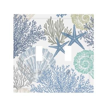 Imagem de Placa de parede azul azul-petróleo, mar, oceano, estrela-do-mar, concha dupla, interruptor náutico, praia costeira, 2 gangues, plugue de luz, protetor de dispositivo, capa de montagem para sala de