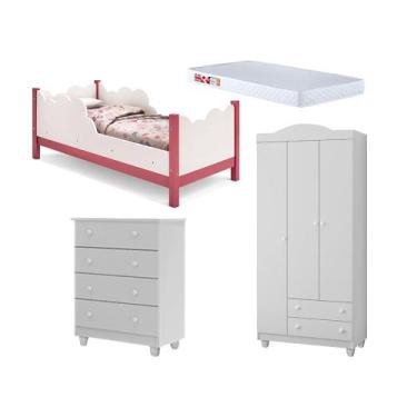 Imagem de Cama Infantil Juvenil Nuvem Colchão Branco/rosa com Comada e Guarda Ro