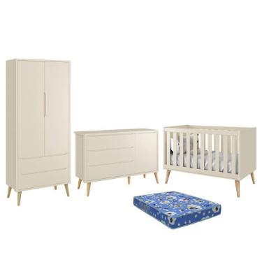 Imagem de Dormitório Theo Retrô 2 Portas, Cômoda 1 Porta, Berço com Pés Madeira Natural e Colchão - Reller Móveis Areia Fosco