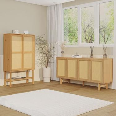 Imagem de Kit Balcão 4 Portas Rattan com Cristaleira Porta Rattan Magna Cabecasa Madeiramadeira